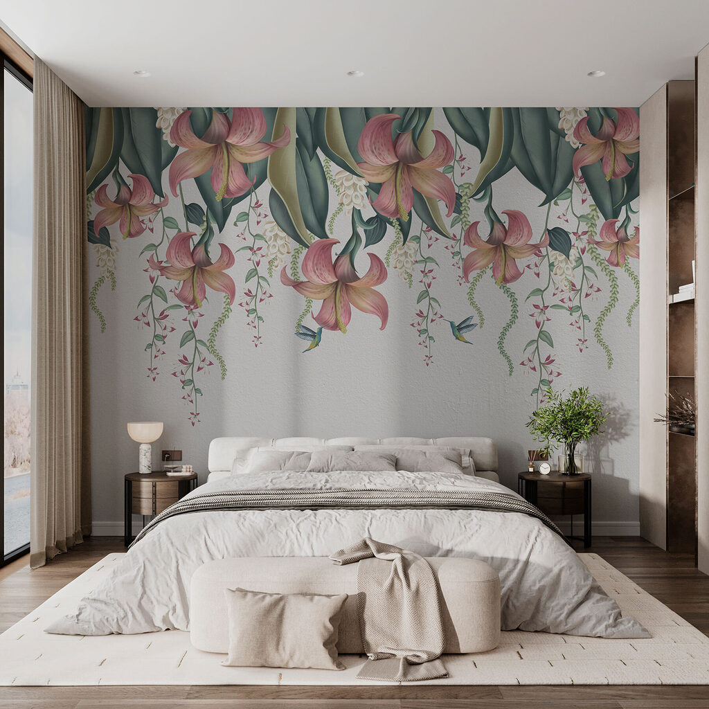 Fleurs et feuillages suspendus dans un intérieur