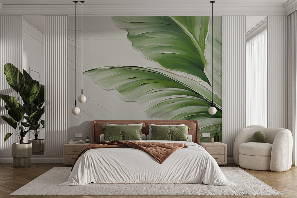 Feuille verte plissée dans un intérieur