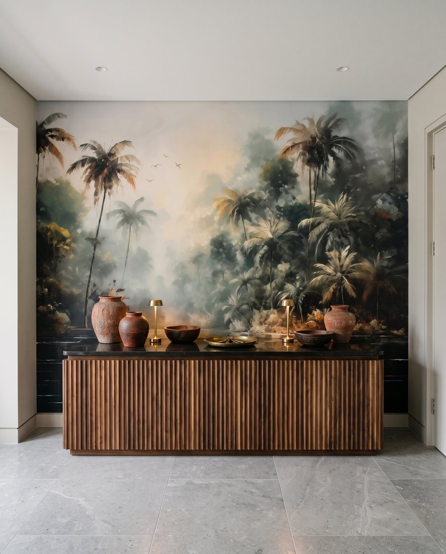Palmiers et eau miroitante dans un intérieur