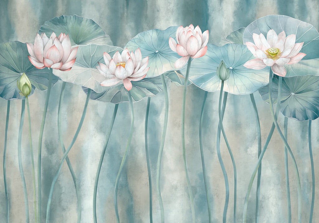 Lotus sur tiges courbées — motif complet