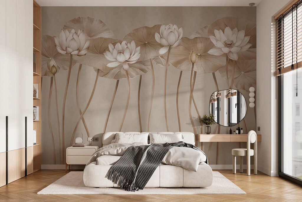 Lotus sur tiges courbées dans un intérieur