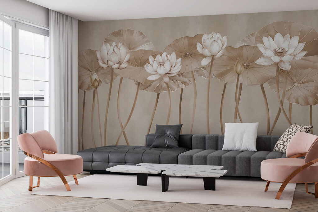 Lotus sur tiges courbées dans un intérieur