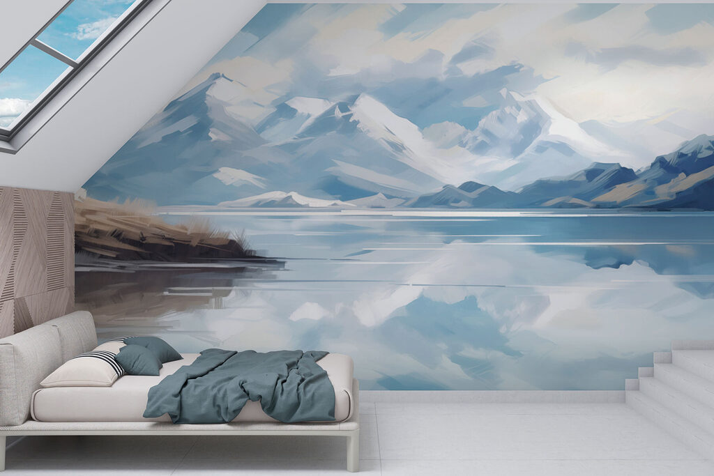 Montagnes reflétées en bleu dans un intérieur