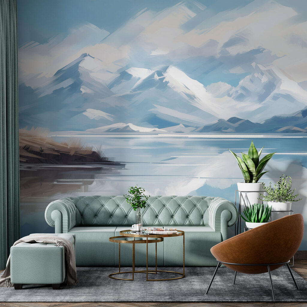 Montagnes reflétées en bleu dans un intérieur