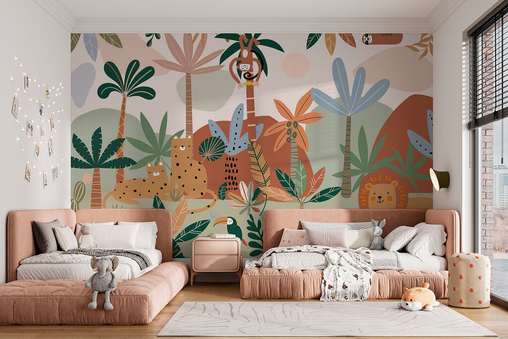 Jungle aux animaux dessinés dans un intérieur