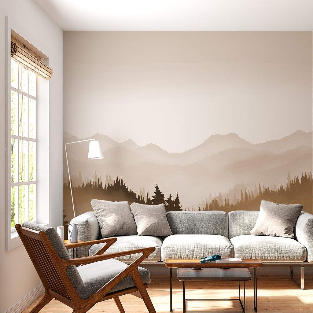 Pins et montagnes lointaines dans un intérieur