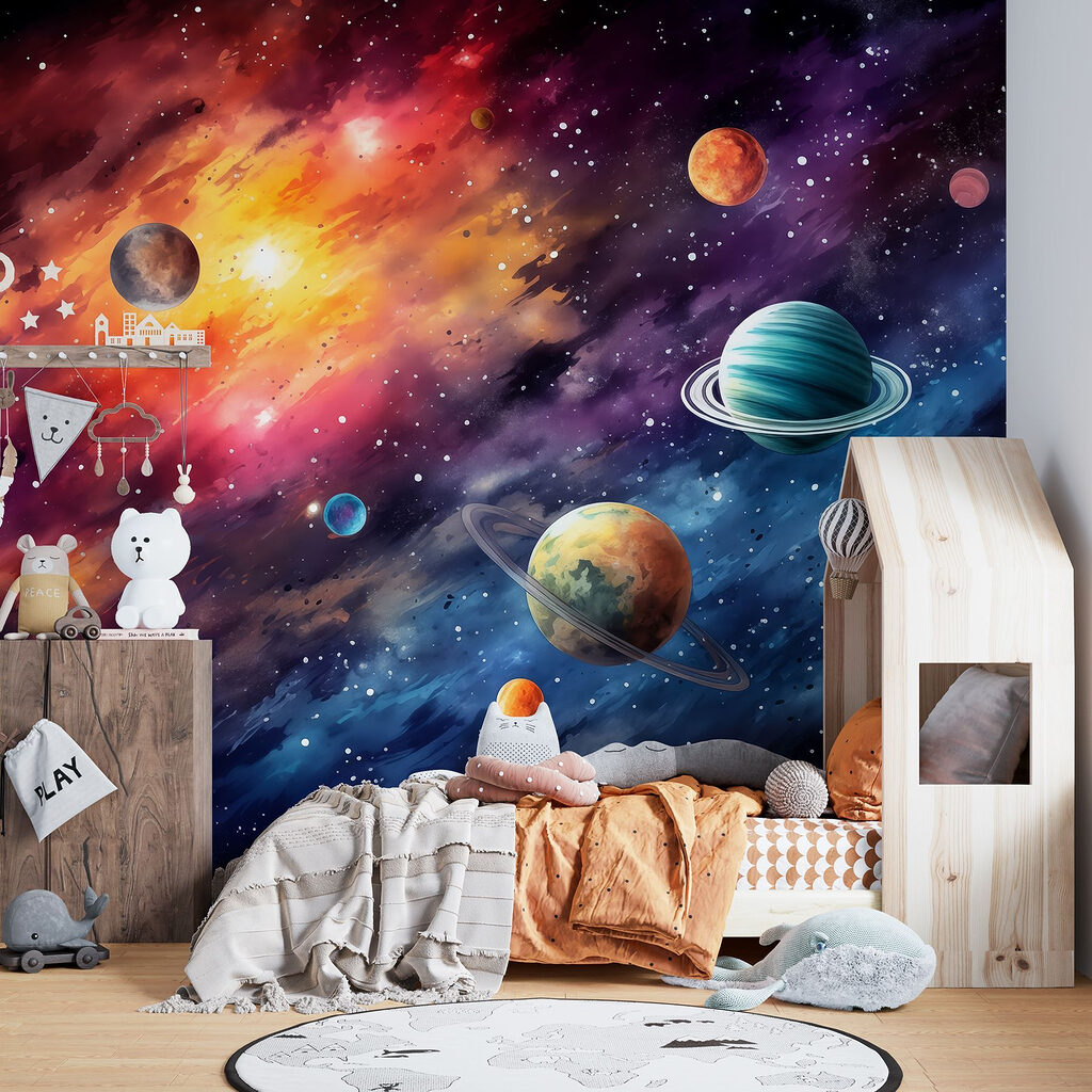 Planètes au ciel embrasé dans un intérieur