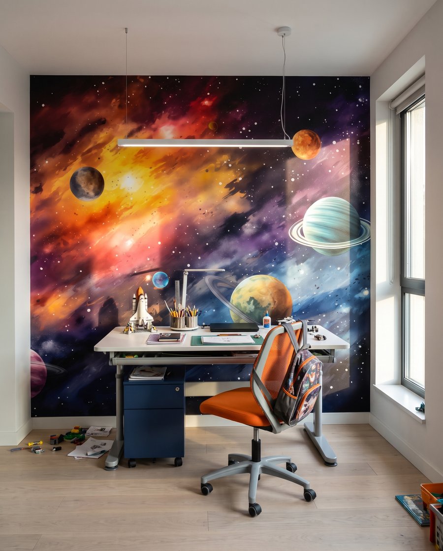 Planètes au ciel embrasé dans un intérieur