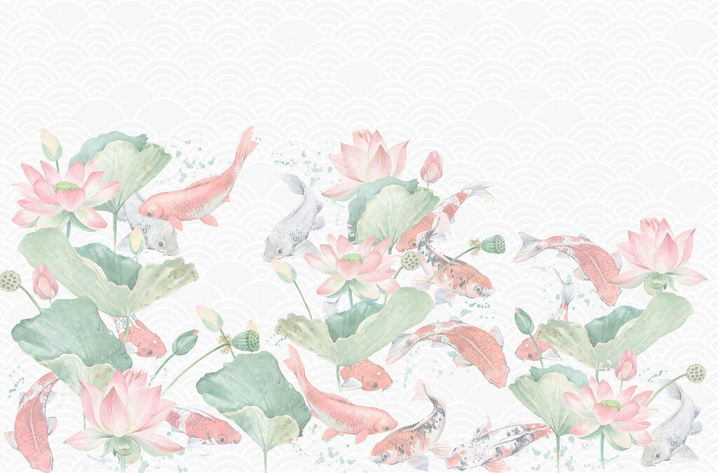 Poissons parmi les lotus — motif complet