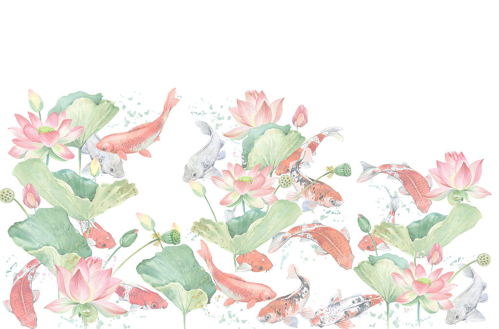 Poissons parmi les lotus — motif complet