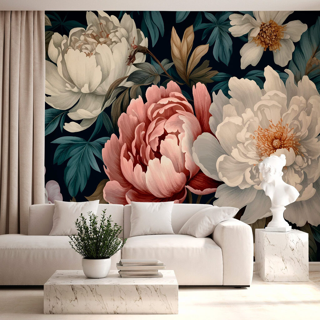 Fleurs sur bleu nuit dans un intérieur