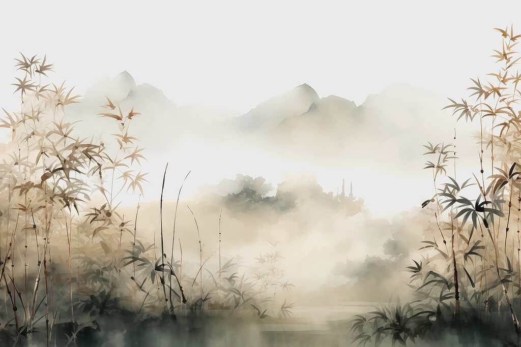 Bambous et montagnes brumeuses — motif complet