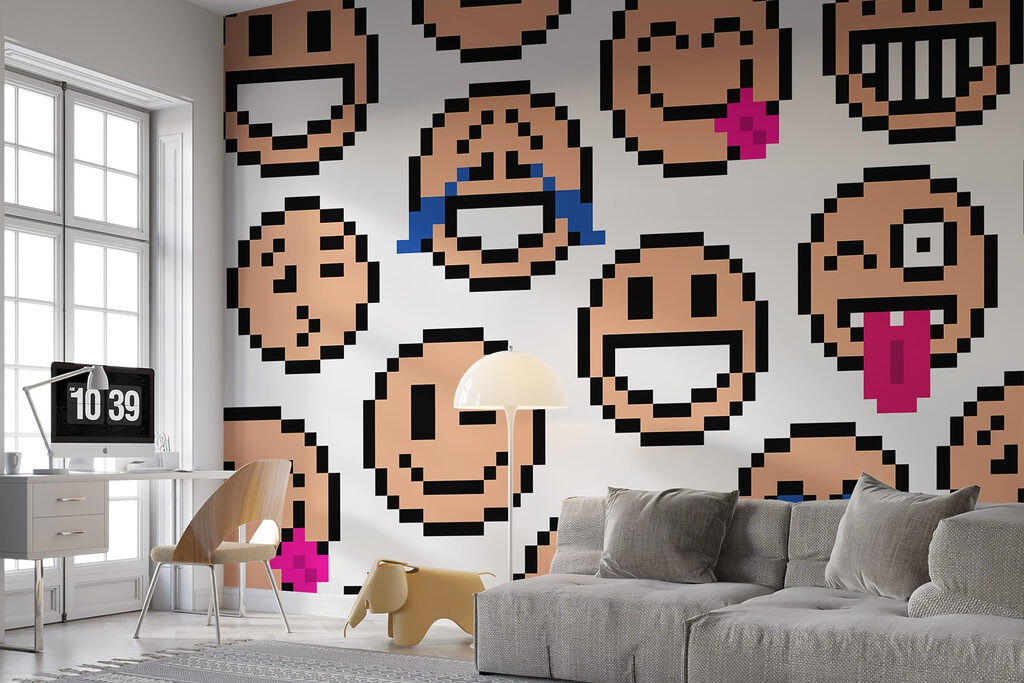 Petits visages en pixels dans un intérieur