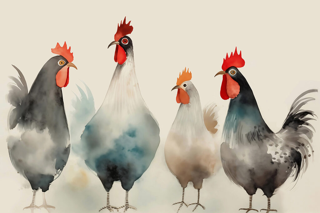 Quatre poules alignées — motif complet