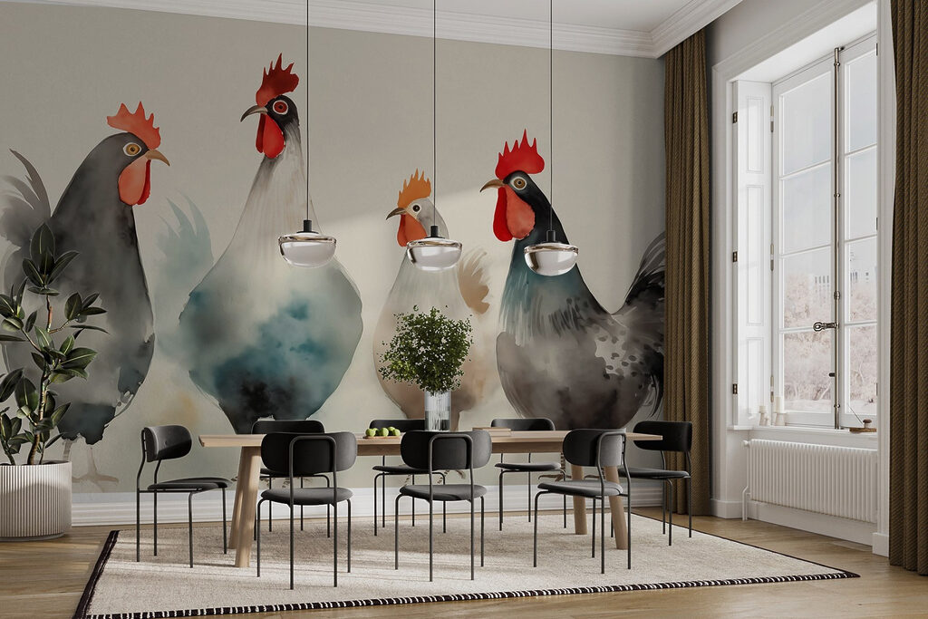 Quatre poules alignées — intérieur 1