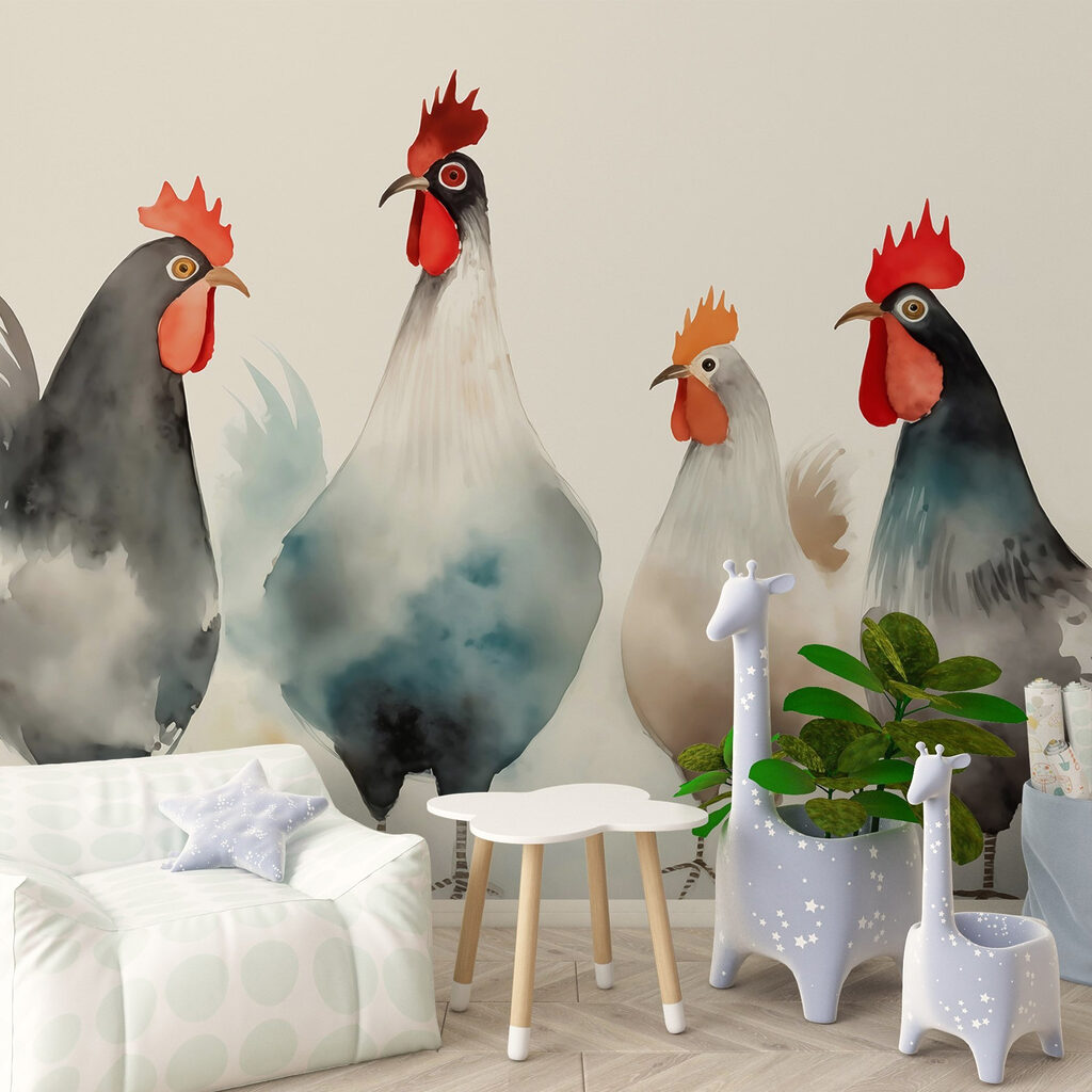 Quatre poules alignées — intérieur 2