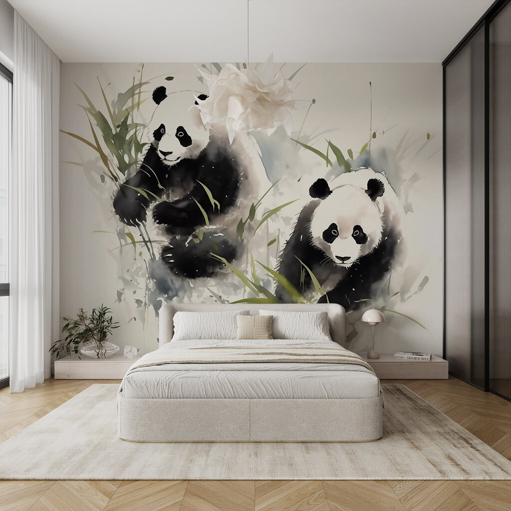 Pandas parmi les bambous dans un intérieur