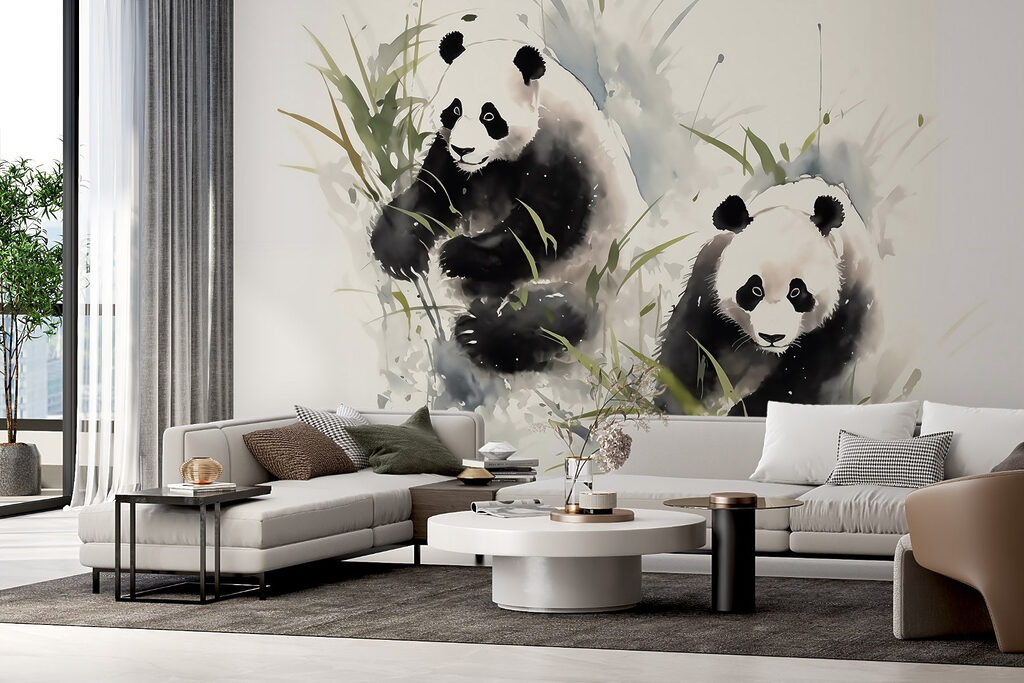 Pandas parmi les bambous dans un intérieur