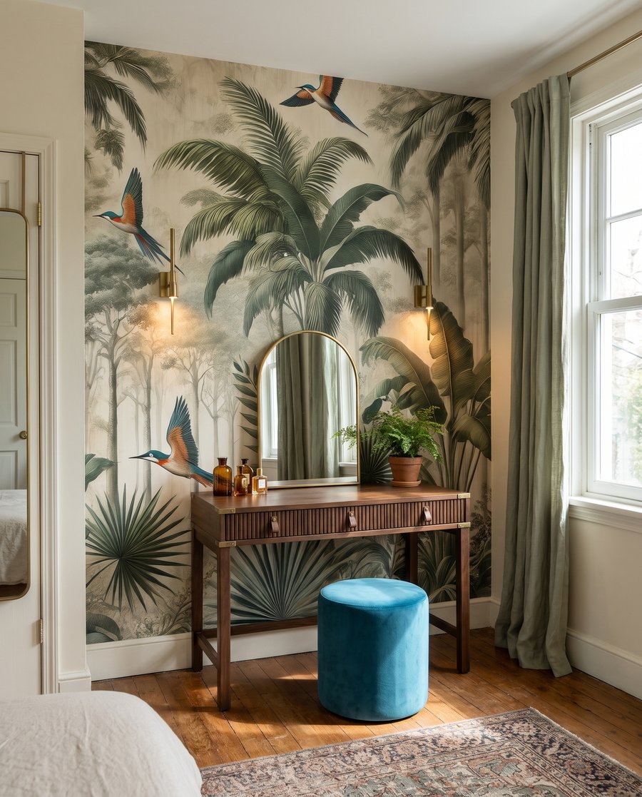 Oiseaux parmi les palmiers dans un intérieur