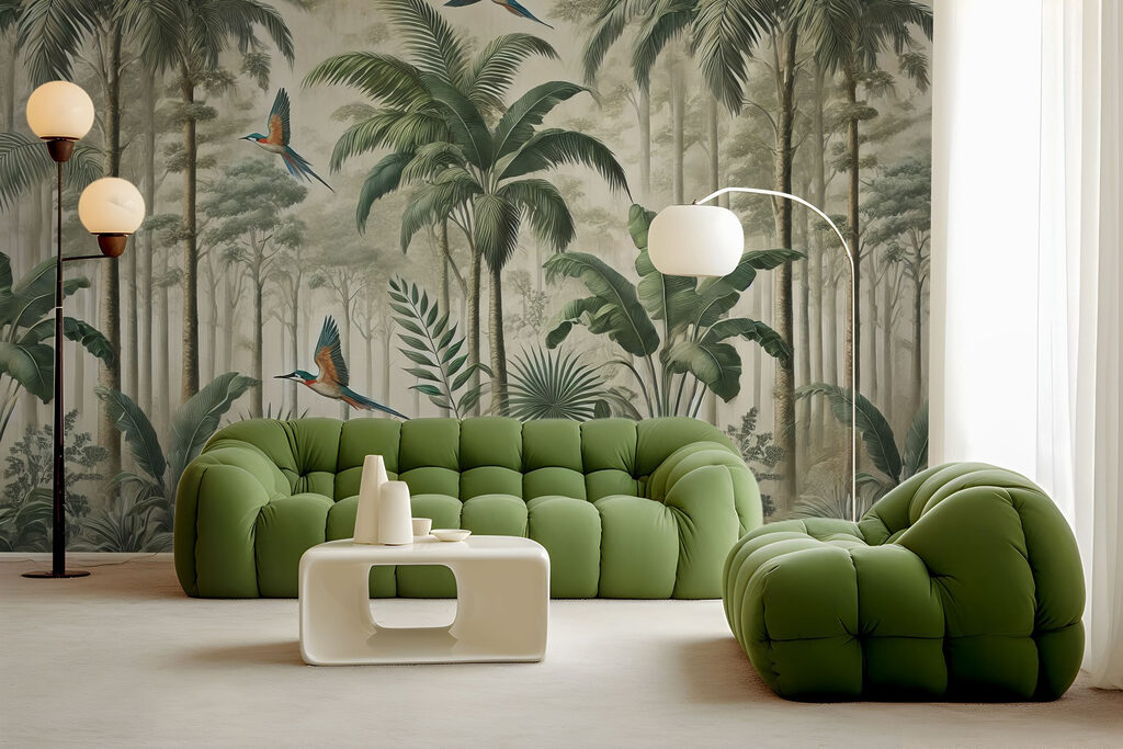 Oiseaux parmi les palmiers dans un intérieur