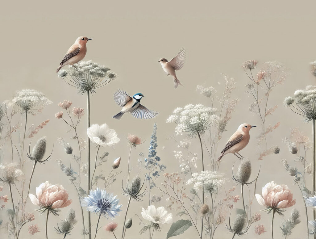Oiseaux sur tiges fleuries — motif complet