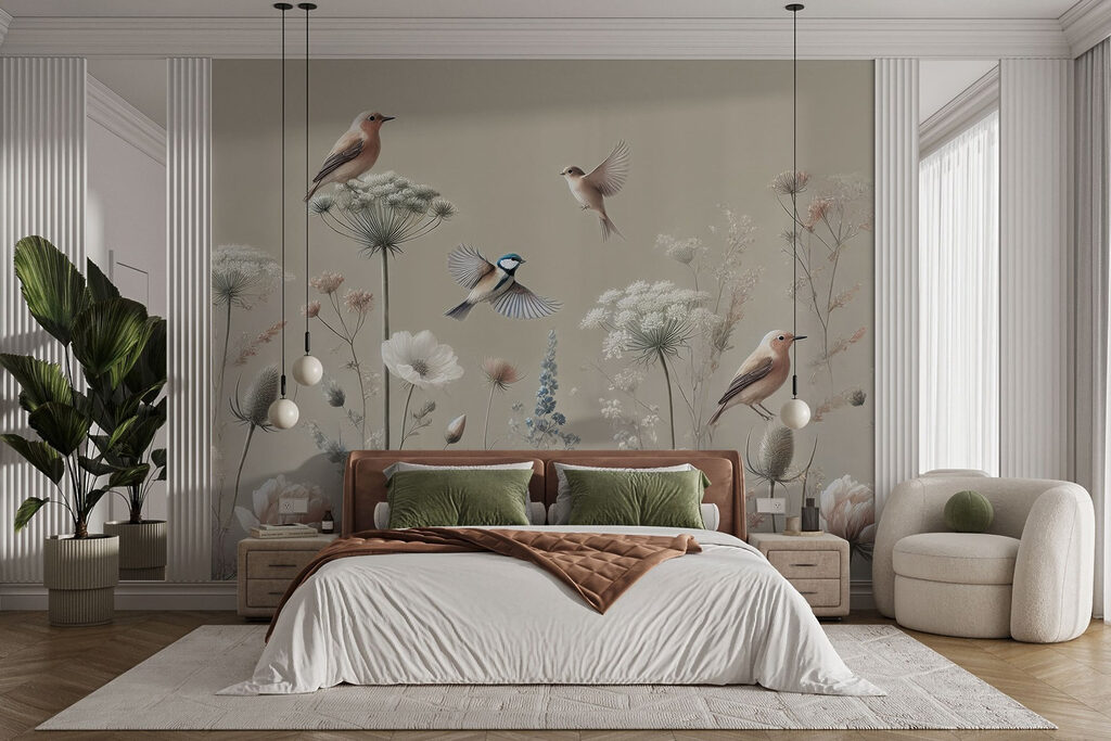 Oiseaux sur tiges fleuries — intérieur 1