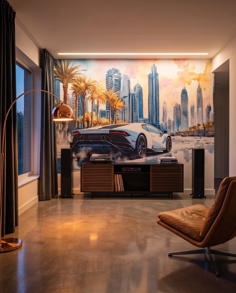 Voiture blanche et gratte-ciel dans un intérieur