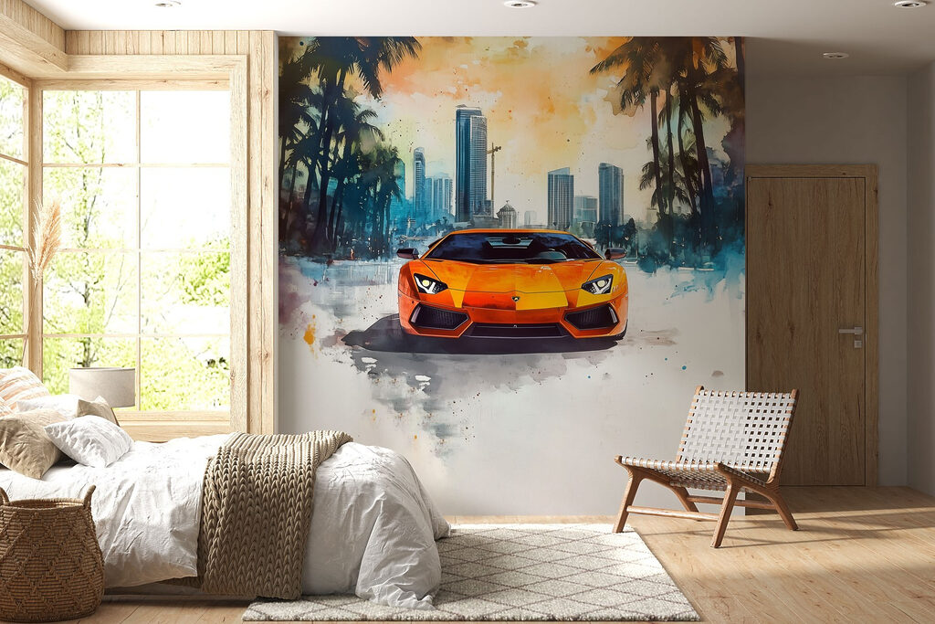 Voiture orange et palmiers dans un intérieur