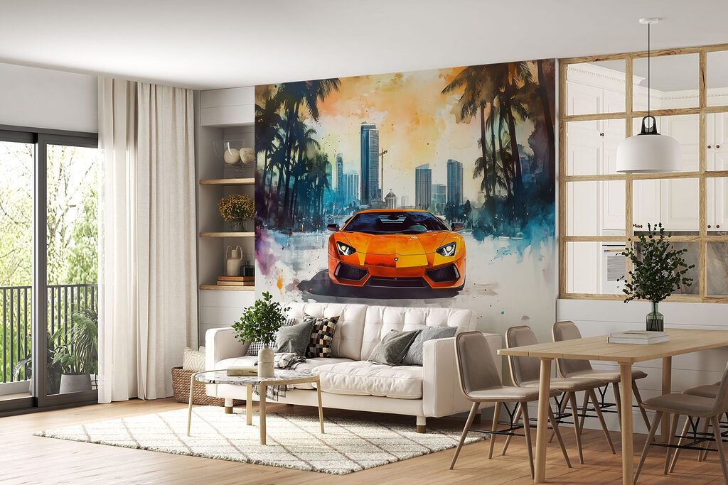 Voiture orange et palmiers dans un intérieur