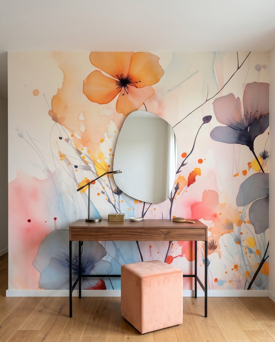 Fleurs en taches d’aquarelle dans un intérieur