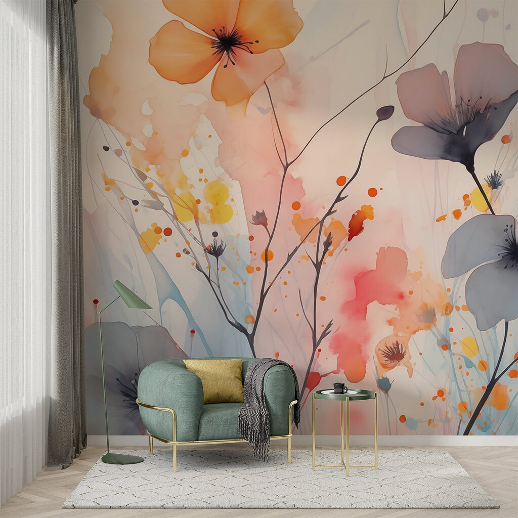 Fleurs en taches d’aquarelle dans un intérieur