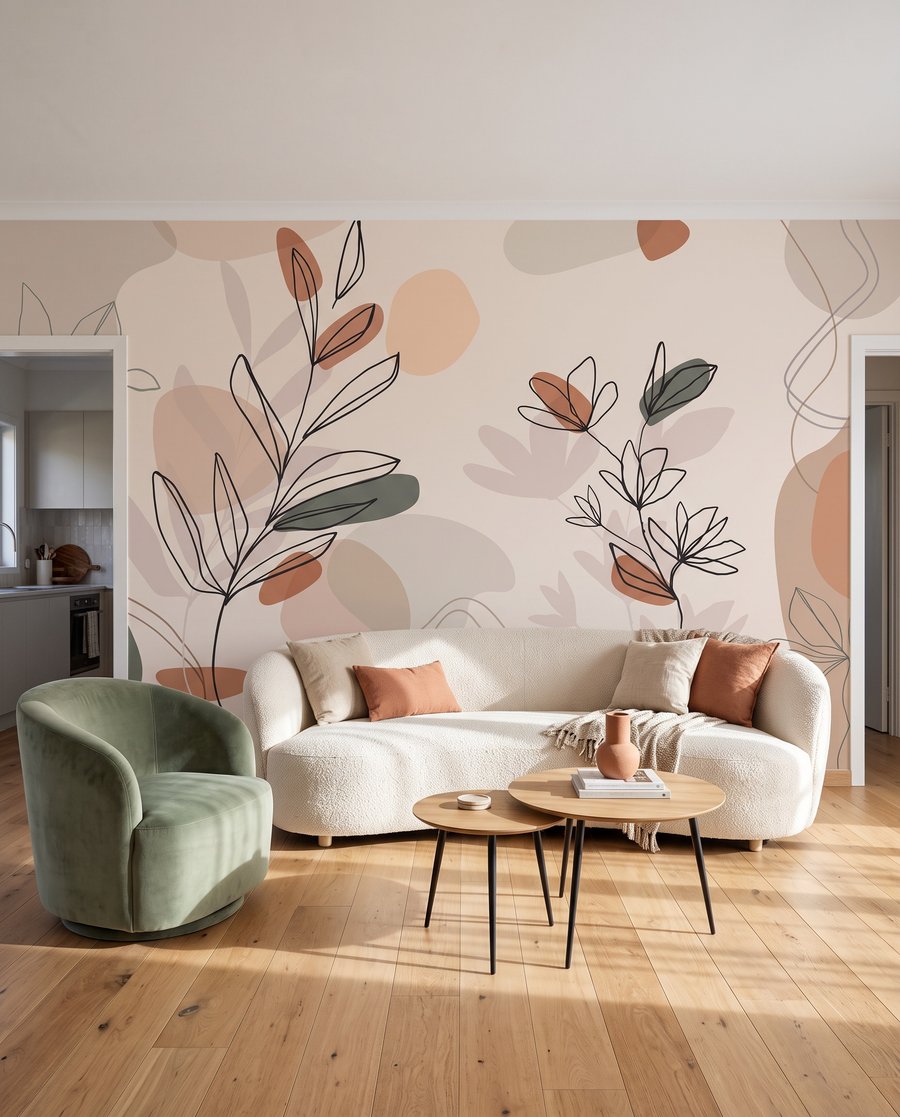 Rameaux dessinés sur aplats dans un intérieur