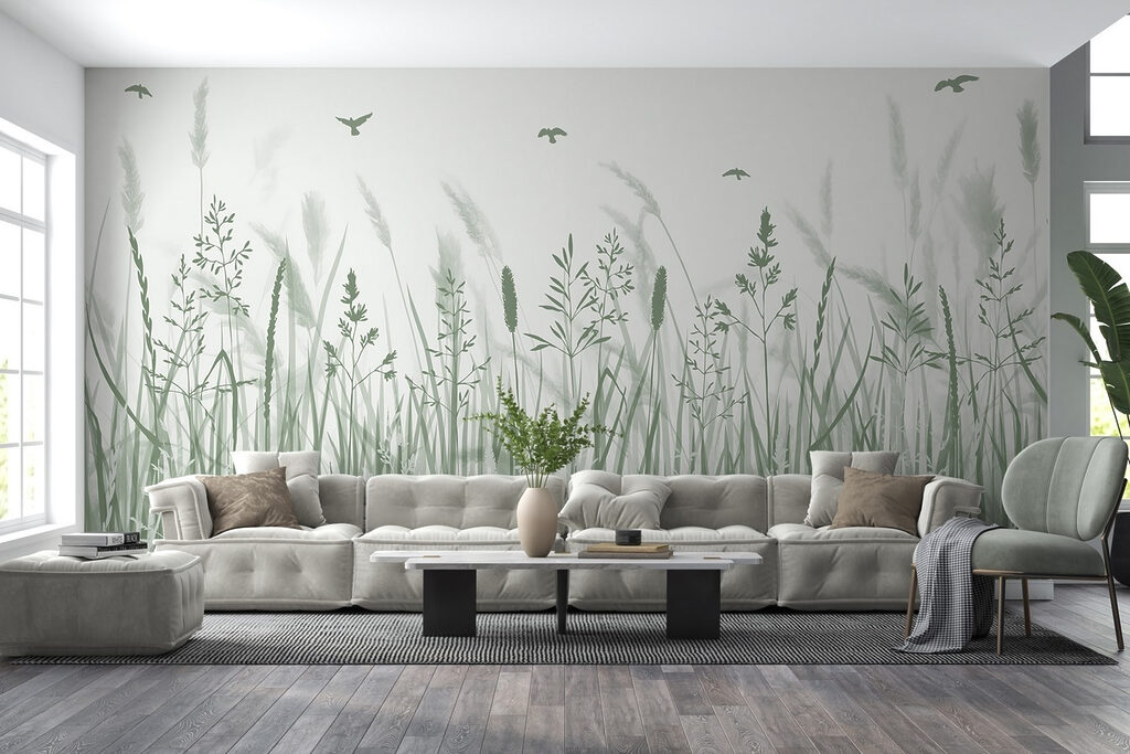 Oiseaux et hautes herbes dans un intérieur