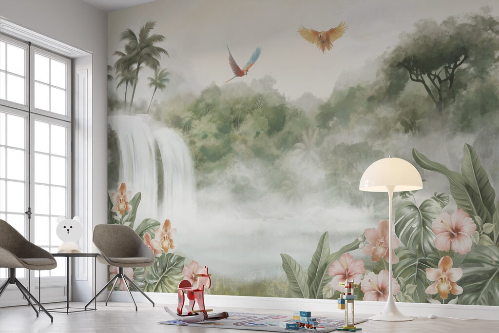Cascade aux oiseaux tropicaux dans un intérieur