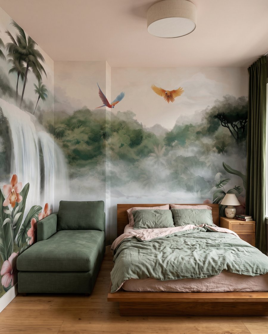 Cascade aux oiseaux tropicaux dans un intérieur