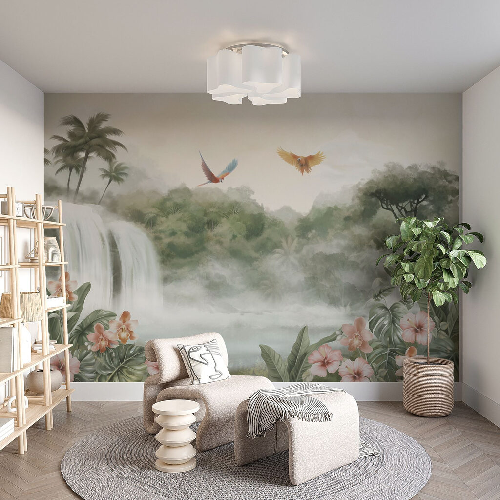Cascade aux oiseaux tropicaux dans un intérieur