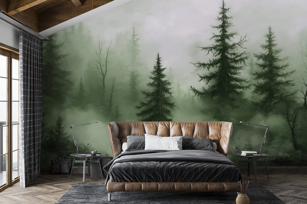 Sapins sombres et brumeux dans un intérieur