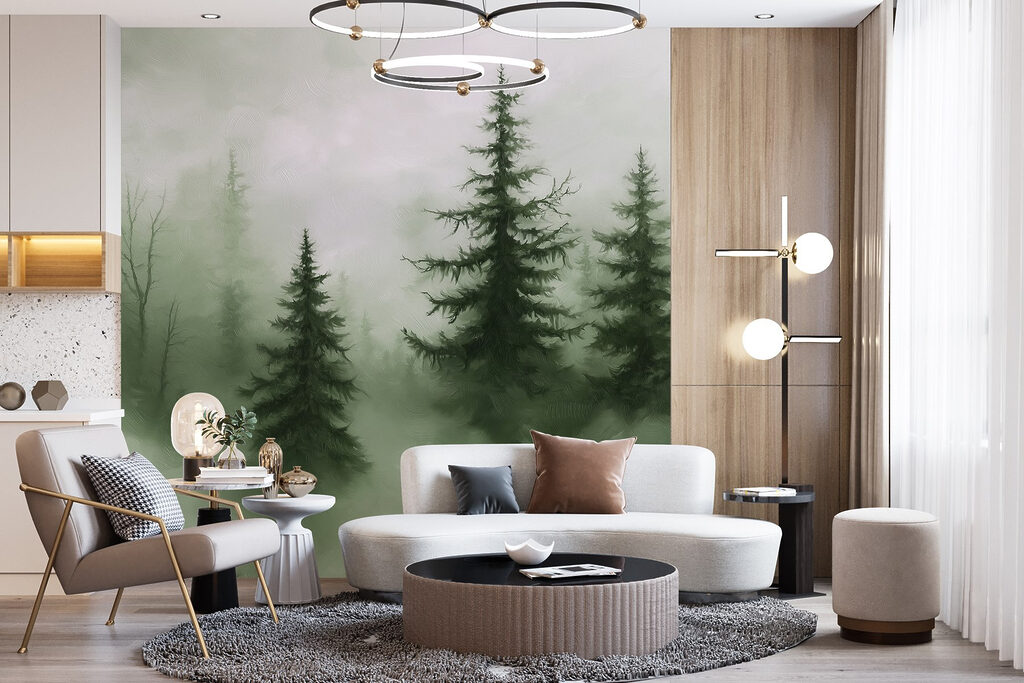Sapins sombres et brumeux dans un intérieur