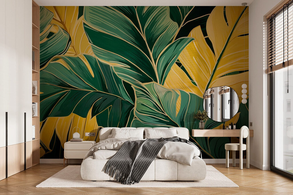 Feuillage doré sur vert dans un intérieur