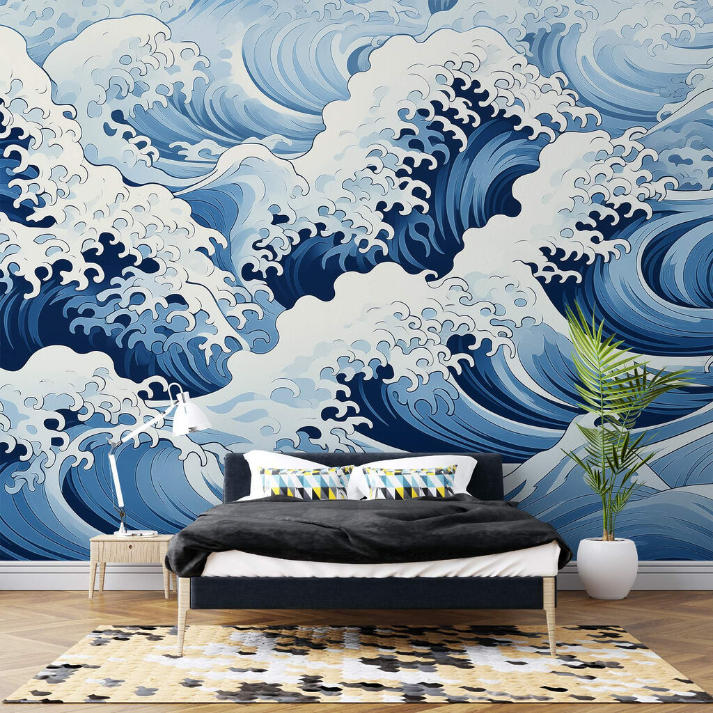Vagues bleues et écume dans un intérieur
