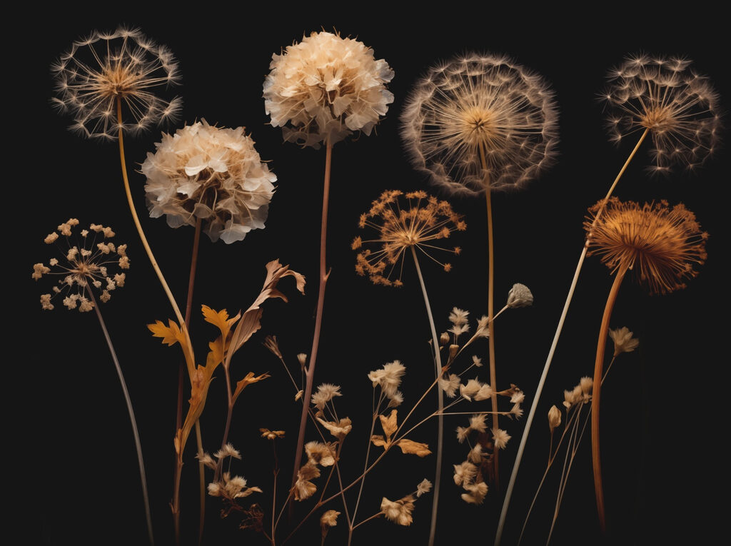 Fleurs séchées en clair-obscur — motif complet