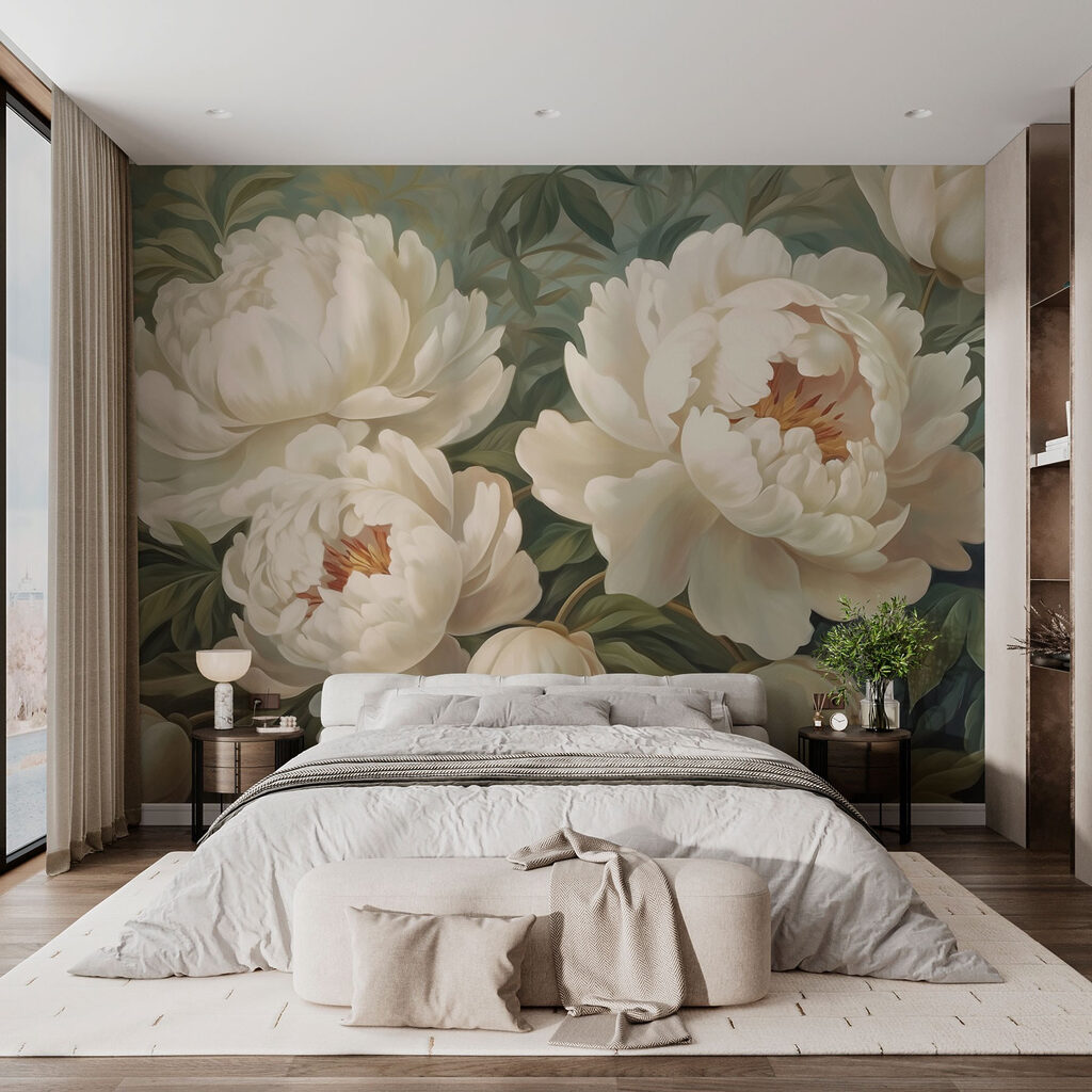 Fleurs crème sur gris-vert dans un intérieur