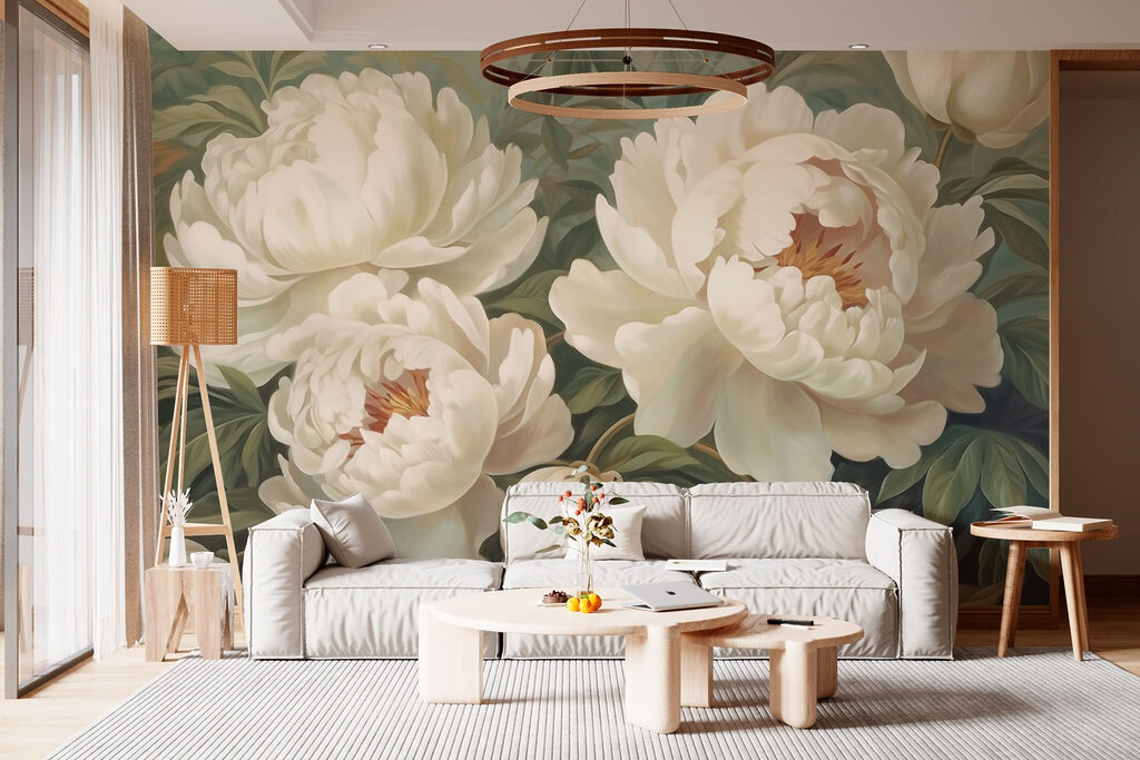 Fleurs crème sur gris-vert dans un intérieur