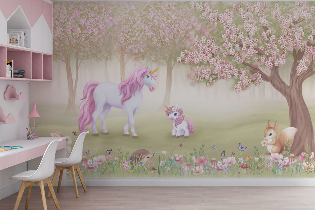 Licornes sous les fleurs dans un intérieur