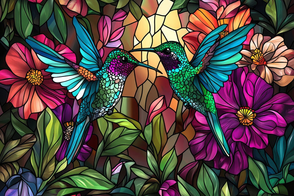 Colibris façon vitrail — motif complet