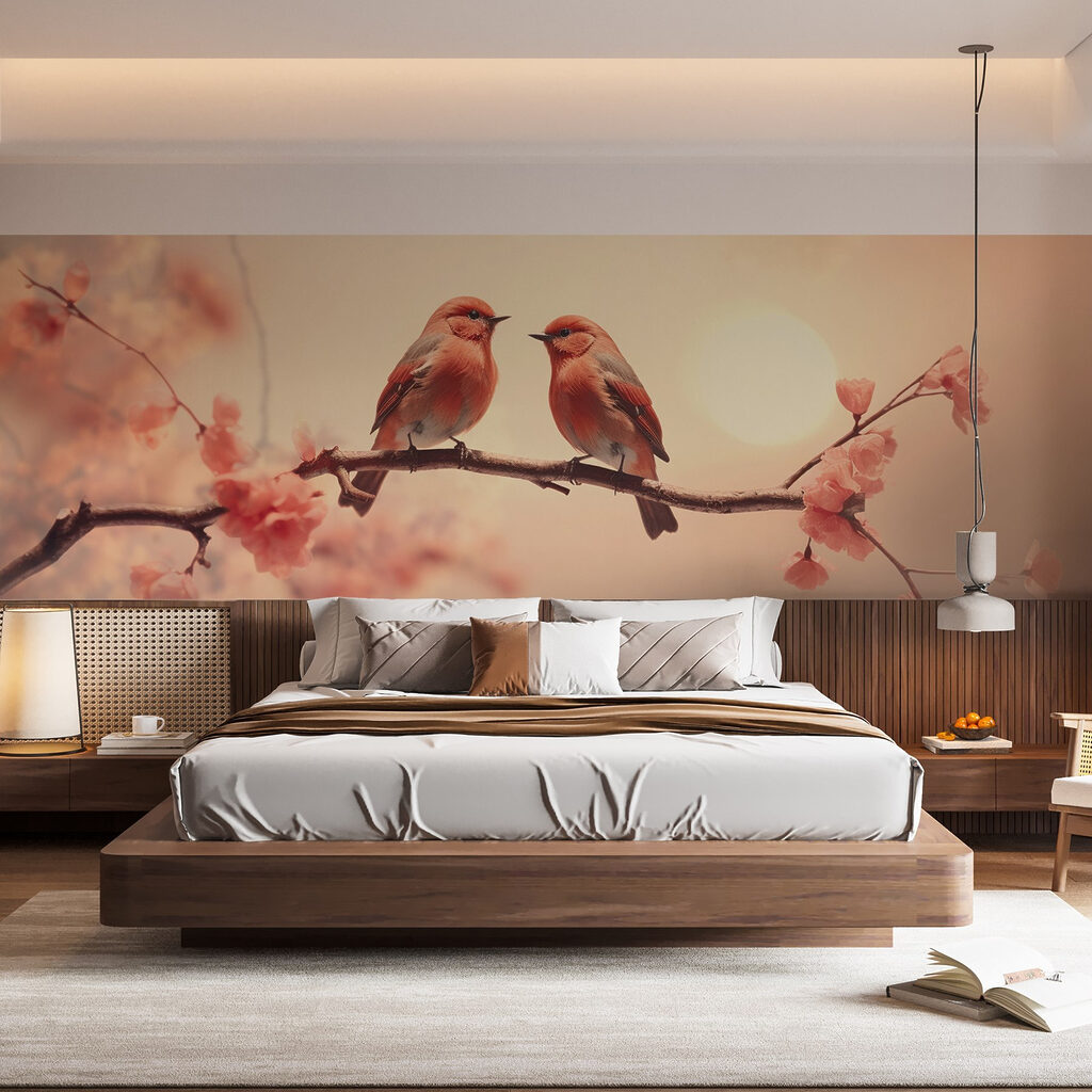 Couple d’oiseaux au crépuscule dans un intérieur