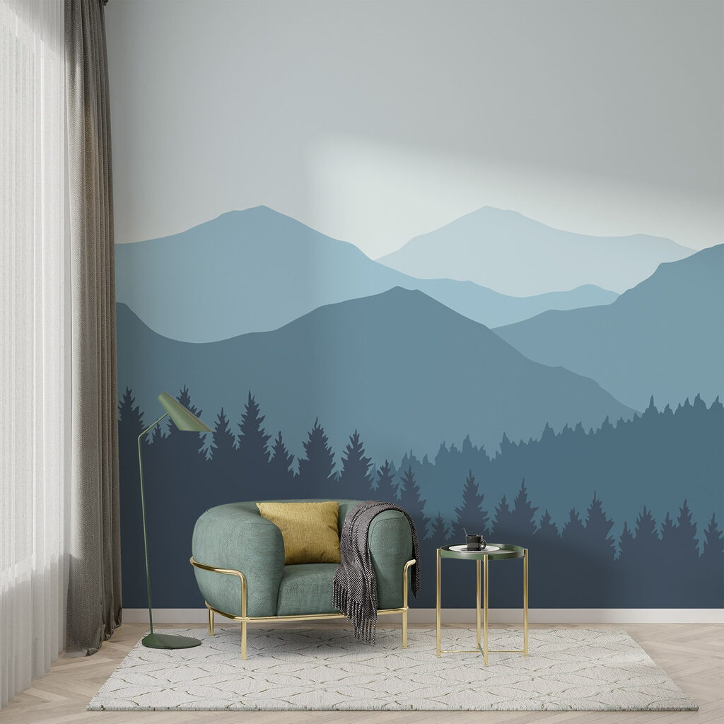 Montagnes derrière les pins dans un intérieur