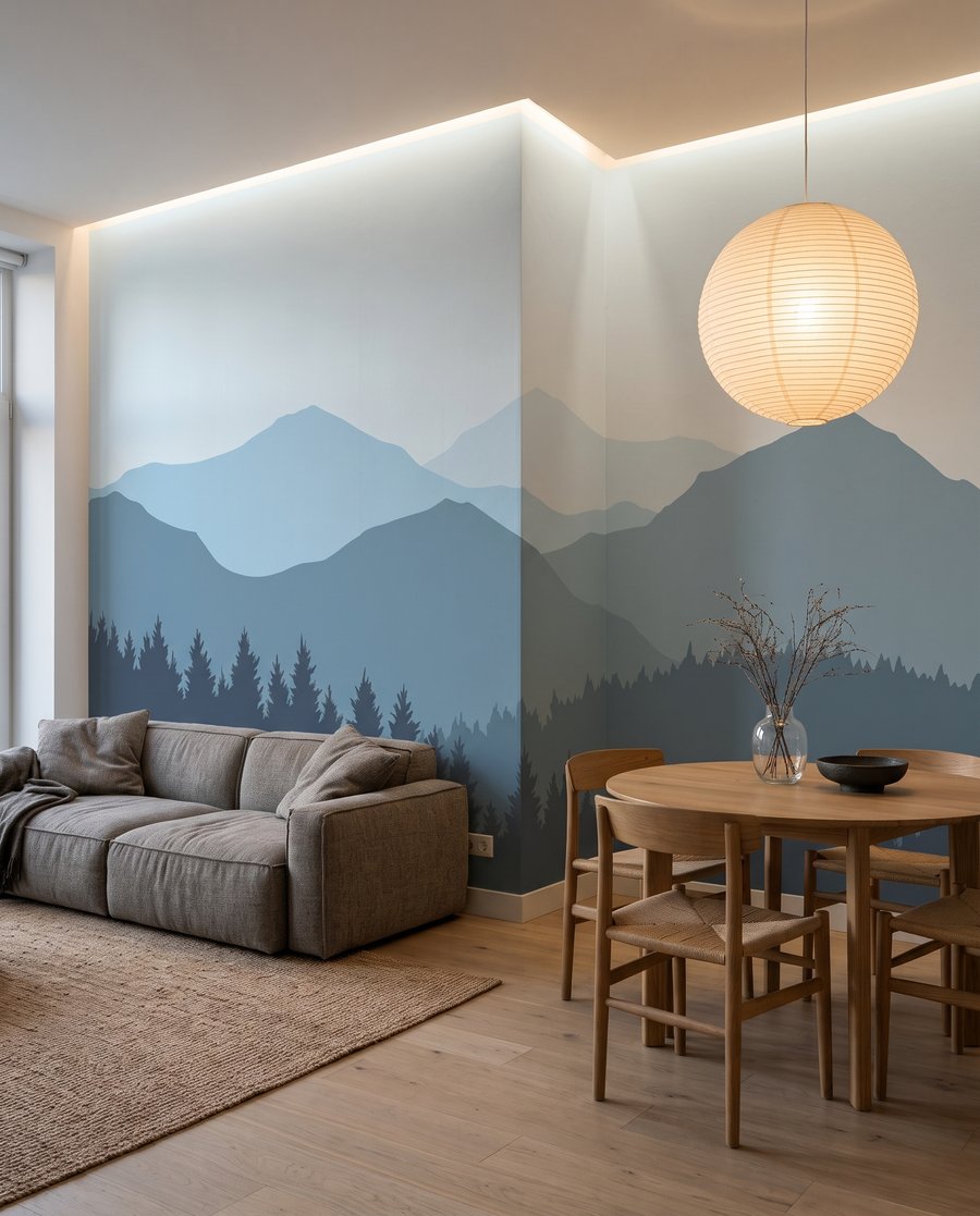 Montagnes derrière les pins dans un intérieur