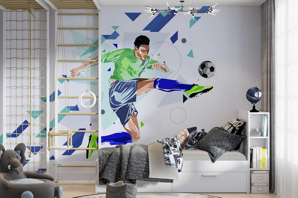 Footballeur et flèches bleues dans un intérieur