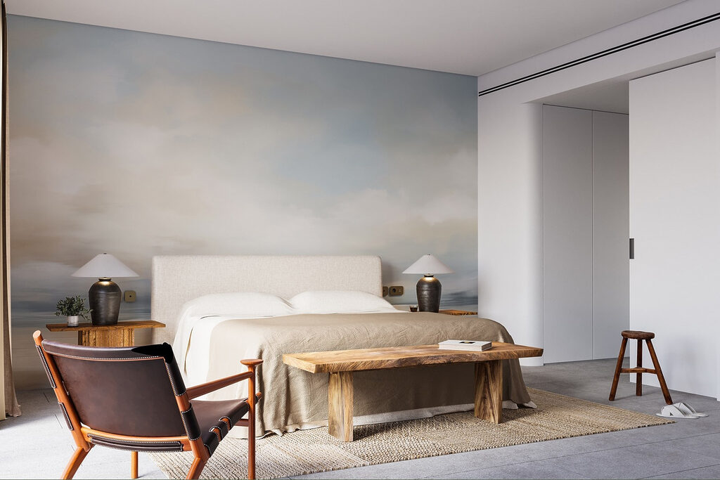 Plage aux nuages peints dans un intérieur